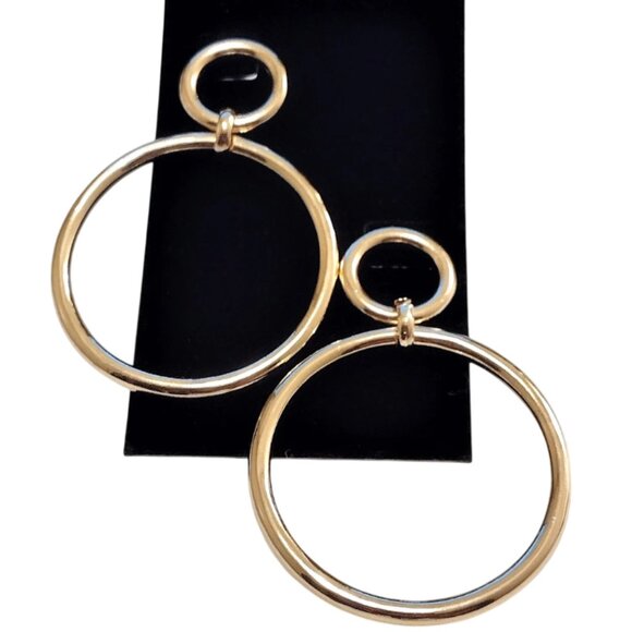 Double Thick Ring Hoop Pierced Post Stud Gold Tone - Picture 3 of 4